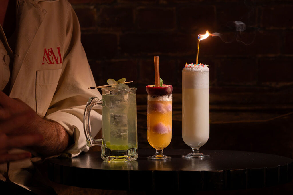 Cocktails at Archive & Myth bar: Pickle Rickey, Frozen Oolong Pornstar, and Birthday Cake Ramos