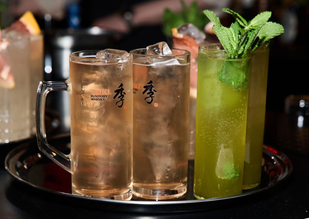 A tray of Highball cocktails at MITSU made with Toki whisky
